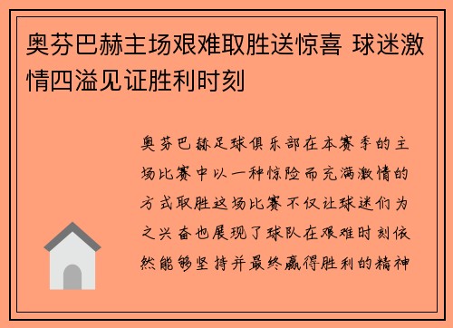 奥芬巴赫主场艰难取胜送惊喜 球迷激情四溢见证胜利时刻