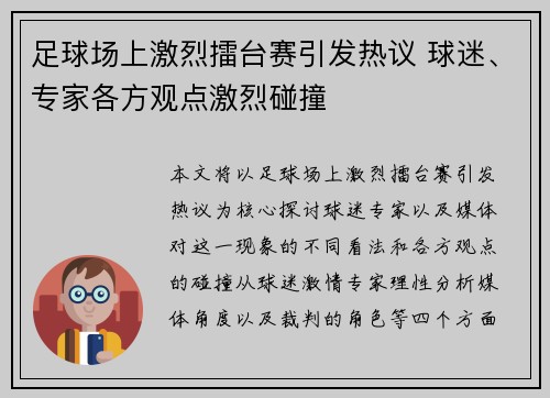 足球场上激烈擂台赛引发热议 球迷、专家各方观点激烈碰撞