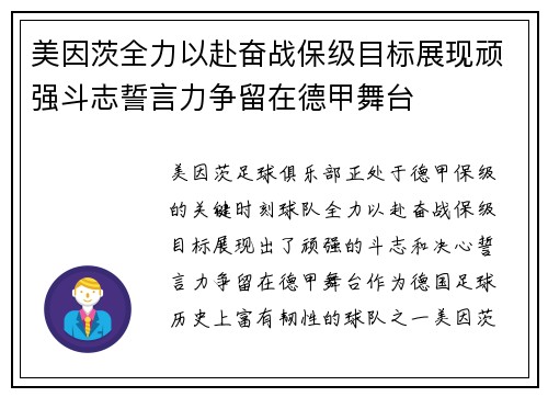 美因茨全力以赴奋战保级目标展现顽强斗志誓言力争留在德甲舞台