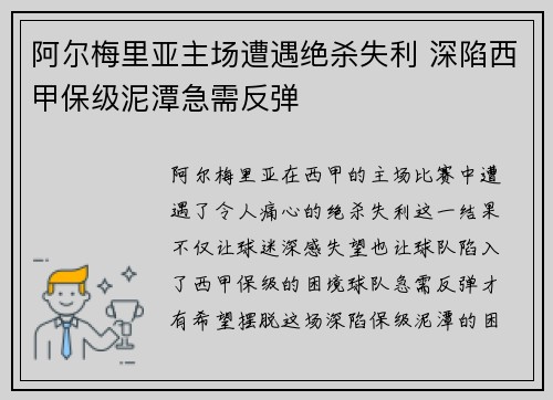 阿尔梅里亚主场遭遇绝杀失利 深陷西甲保级泥潭急需反弹