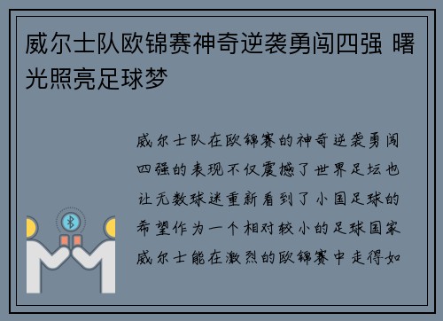 威尔士队欧锦赛神奇逆袭勇闯四强 曙光照亮足球梦