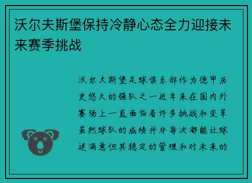 沃尔夫斯堡保持冷静心态全力迎接未来赛季挑战