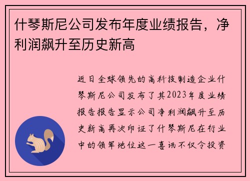 什琴斯尼公司发布年度业绩报告，净利润飙升至历史新高