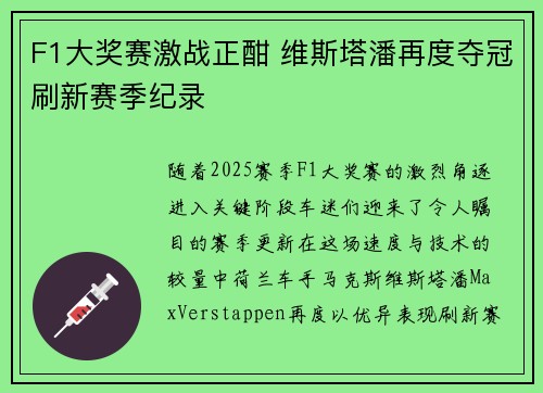 F1大奖赛激战正酣 维斯塔潘再度夺冠刷新赛季纪录